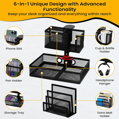 6-in-1 Clamp On Desk Organizer with Cup Holder & 360° Rotating Under Desk Drawer, Swappable Parts, Easy to Install Standing Desk Drawer Attachment, Space-Saving for Home & Office