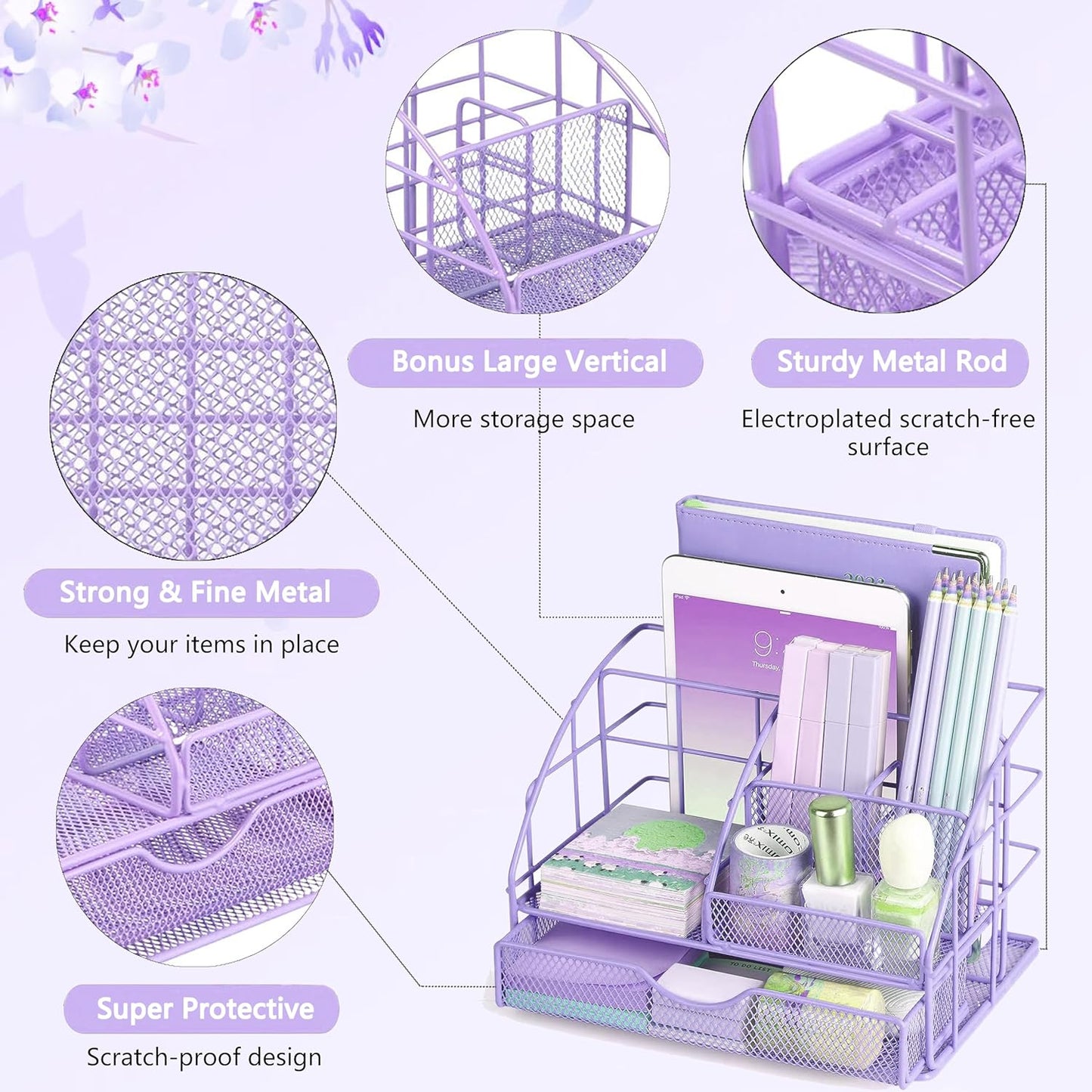 Purple Desk Organizers and Accessories, Purple Office Supplies with Mesh Desk Organizer, Acrylic Tape Dispenser and Stapler, Staples, Ballpoint Pen, Clips Set, Ruler, Scissor, Sticky Labels
