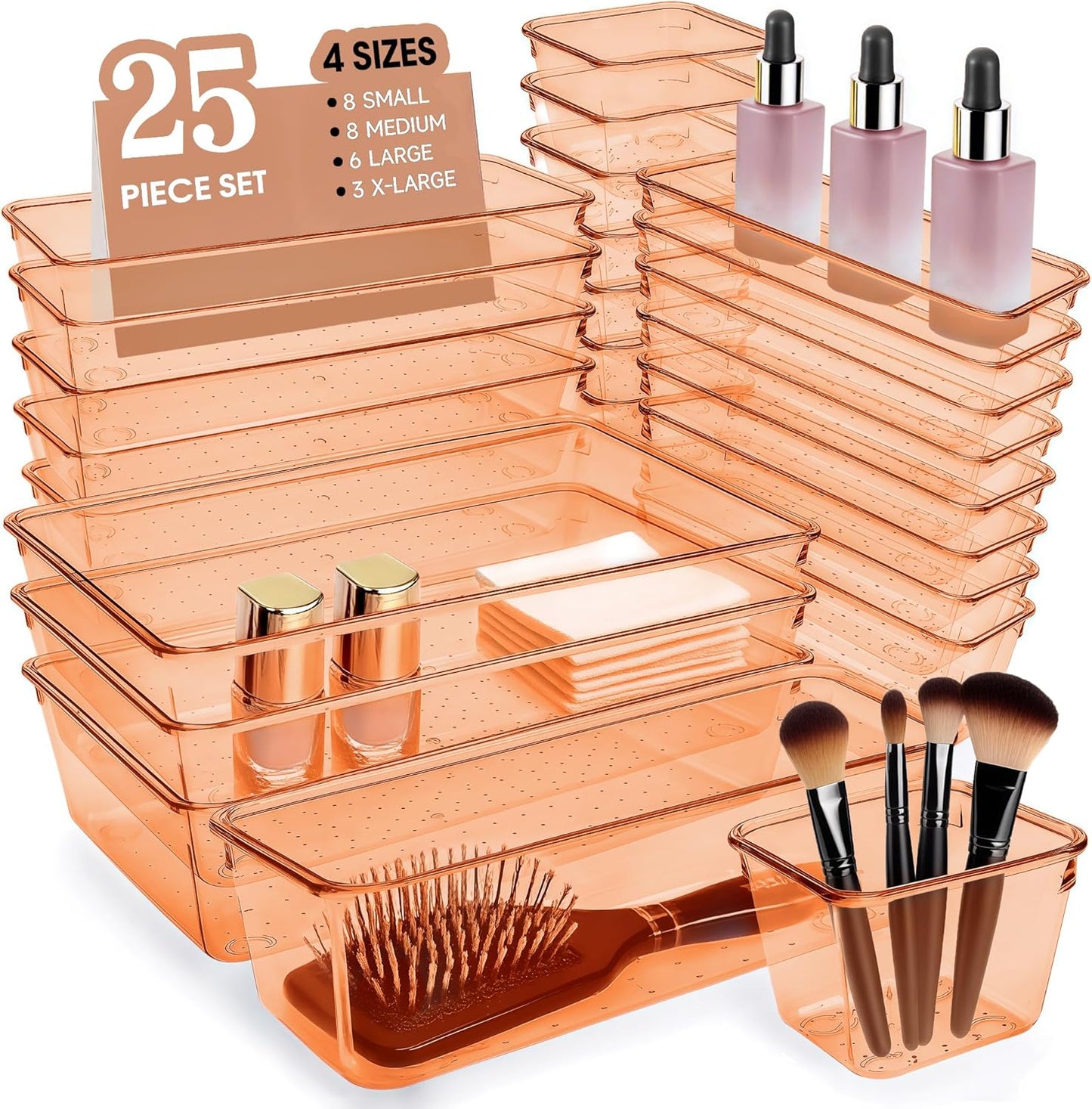 Clear Acrylic Drawer Organizers Set Storage for Makeup, Office Desk Small Vanity Trays for Drawer Bathroom Plastic Make up Organizers 25 Pcs
