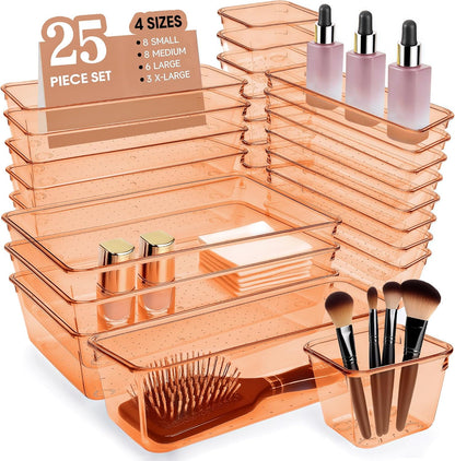 Clear Acrylic Drawer Organizers Set Storage for Makeup, Office Desk Small Vanity Trays for Drawer Bathroom Plastic Make up Organizers 25 Pcs