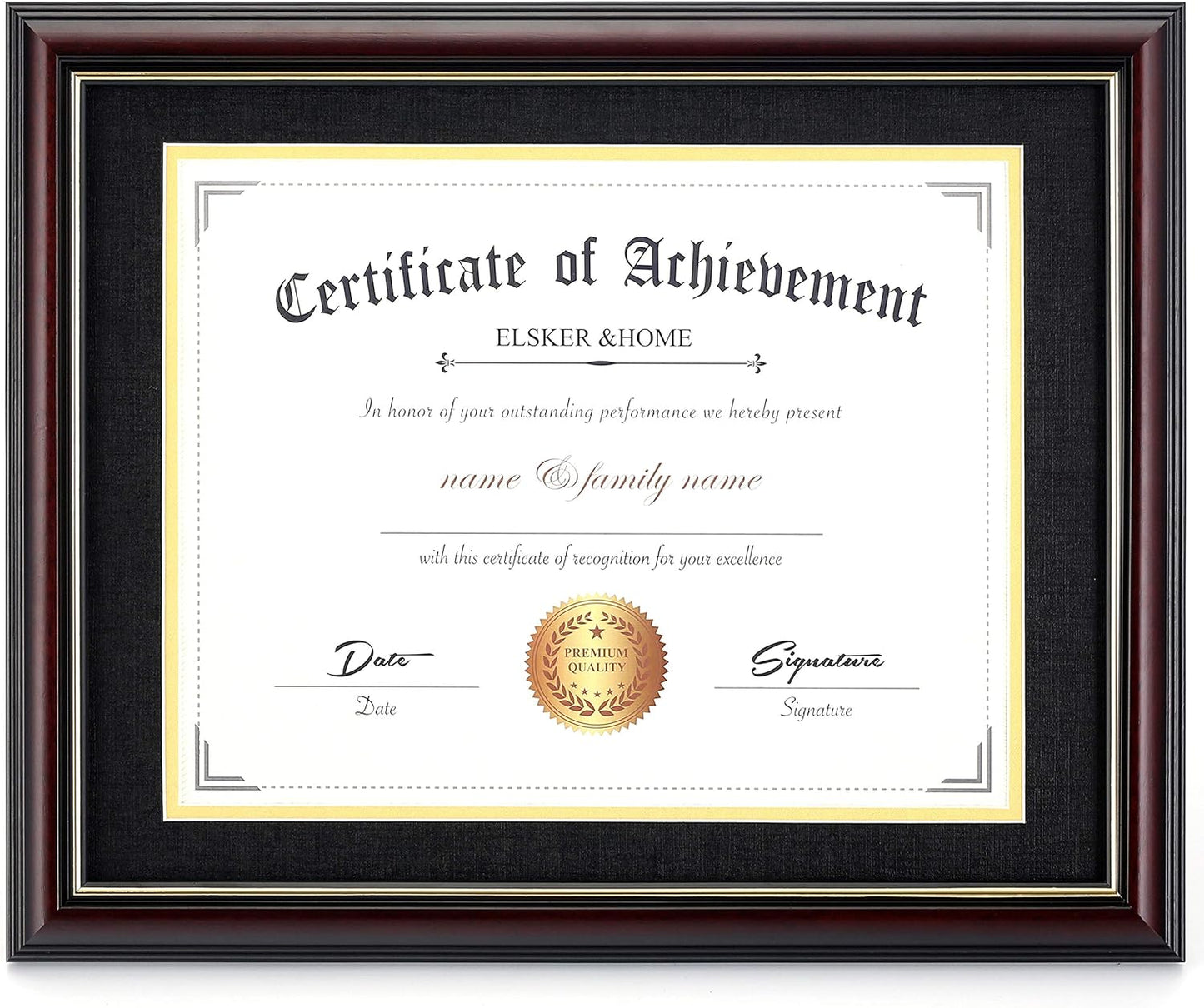 ELSKER&HOME Diploma Frame - Wide Solid Wood Frame - Black Velvet Golden Rim Mat - Semi-Tempered Glass - Includes Hanging Hardware and Desktop Easel(ONLY Display 11×14 Document/Certificate)