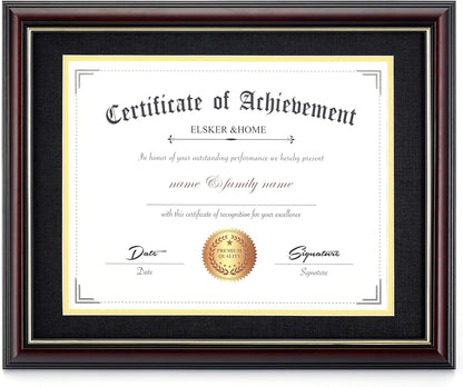 ELSKER&HOME Diploma Frame - Wide Solid Wood Frame - Black Velvet Golden Rim Mat - Semi-Tempered Glass - Includes Hanging Hardware and Desktop Easel(ONLY Display 11×14 Document/Certificate)