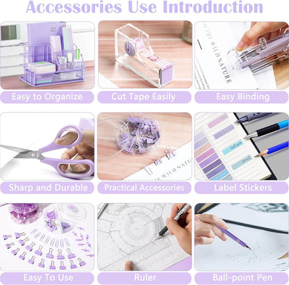 Purple Desk Organizers and Accessories, Purple Office Supplies with Mesh Desk Organizer, Acrylic Tape Dispenser and Stapler, Staples, Ballpoint Pen, Clips Set, Ruler, Scissor, Sticky Labels