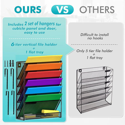 MINDEPOT 7-Tier Wall Hanging File Organizer Cubicle Hanging Organizer Mount File Holder, Mesh Magazine Document Mail Organizer Wall Organizer for Office School Home, Black