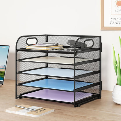 Paper Organizer Letter Tray with Handle, 5-Tier Black Stackable Desk Organizer with Metal Mesh, Sturdy Paper Tray for Office Desk, Home & Classroom Supplies Storage