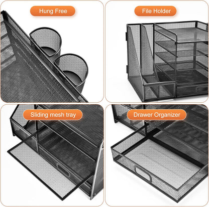 Marbrasse Desk Organizer with File Holder, 5-Tier Paper Letter Tray Organizer with Drawer and 2 Pen Holder, Mesh Desktop Organizer and Storage with Magazine Holder for Office Supplies(Black)