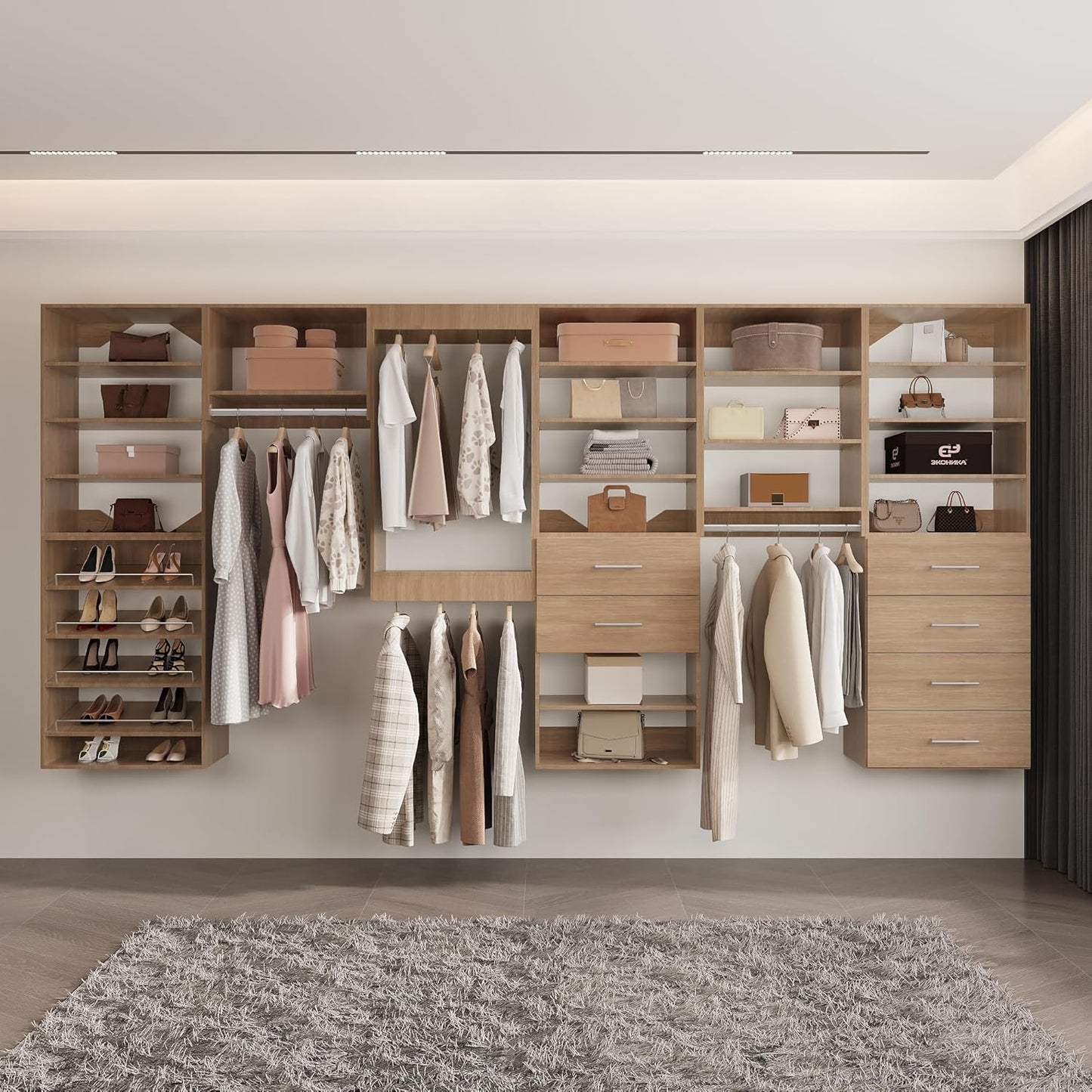 4-Drawer Stackable Storage Organizer Unit for Closet, Modular Wood Closet Storage Bins with Drawers, Closet She-lf Organizer Basket for Hanging Clothes, Wood, 25.5"W