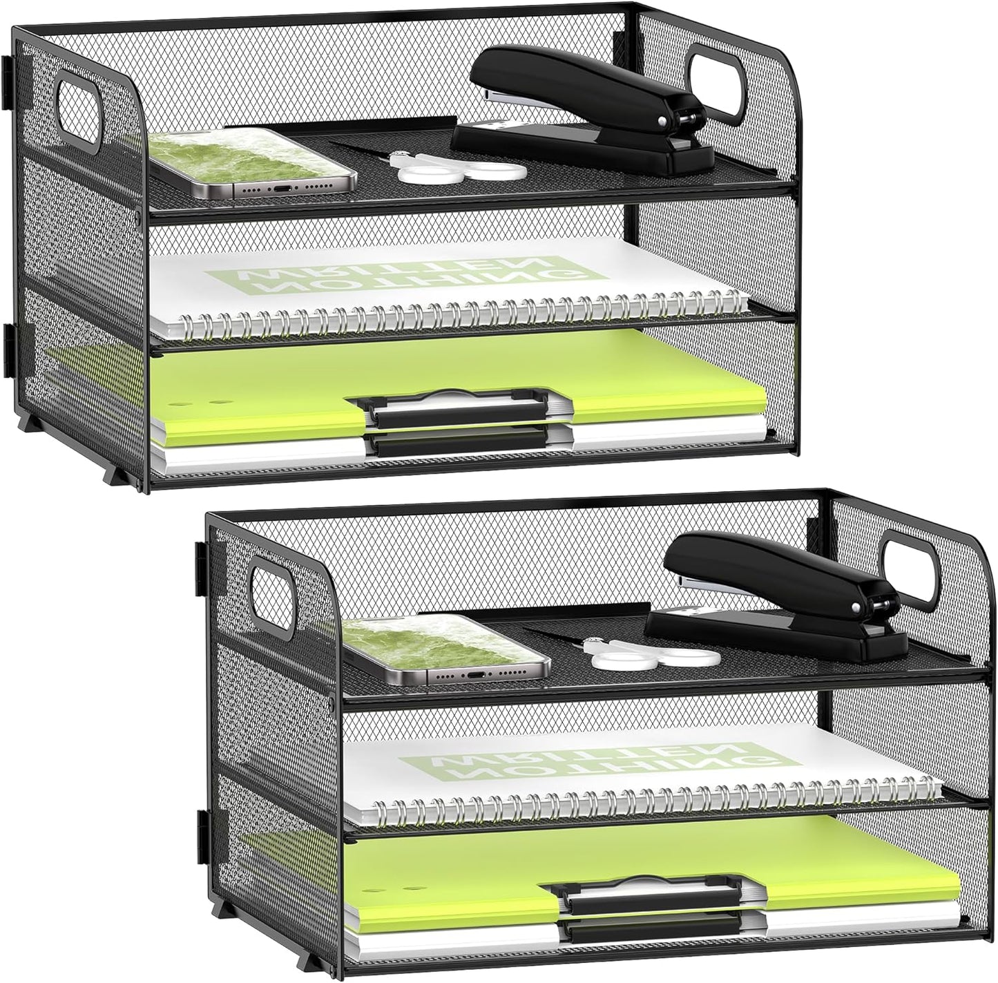 DALTACK 3 Tier Paper Organizer with Handle, Mesh Metal Desk Organizer with Sliding Paper Trays for Letter/A4 Paper, Mail, Bills & Folders, Black
