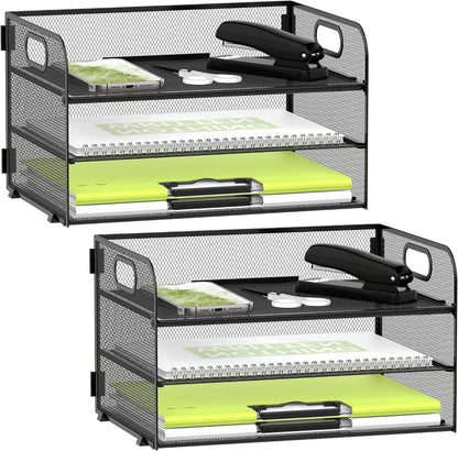 DALTACK 3 Tier Paper Organizer with Handle, Mesh Metal Desk Organizer with Sliding Paper Trays for Letter/A4 Paper, Mail, Bills & Folders, Black