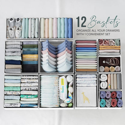 Drawer Organizer Clothes Set of 12 Grey - Dresser Organizer For Nursery, Bedroom, Closet - The Perfect Baby Clothes Organizer and Storage & General Nursery Organization or Dresser Drawer Organizers