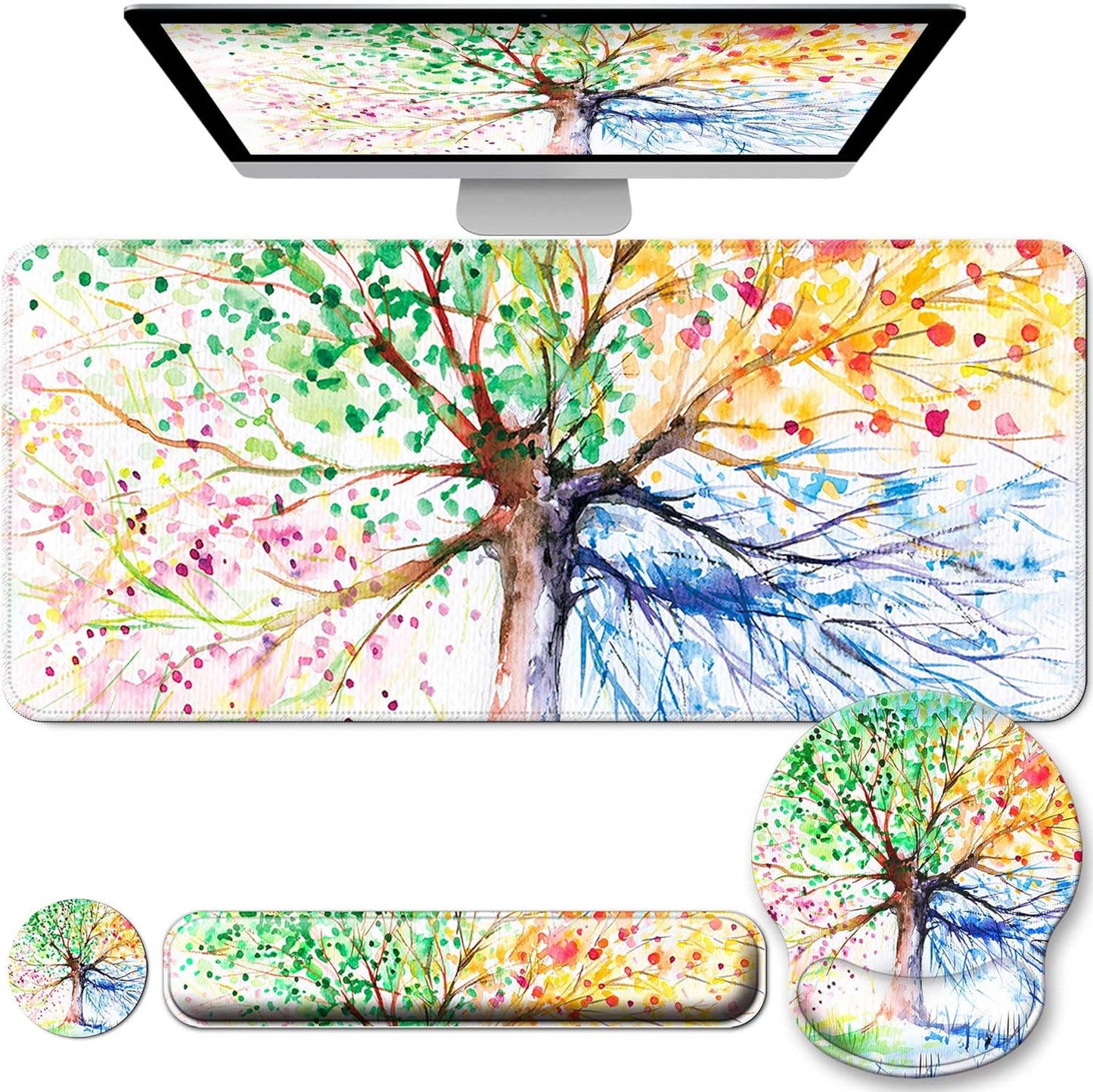 Desk Mat Set + Keyboard and Mouse Pad with Wrist Rest Support,4-in-1 Large Mousepad Computer Mats for Desktop Home & Office-Purple Butterflies