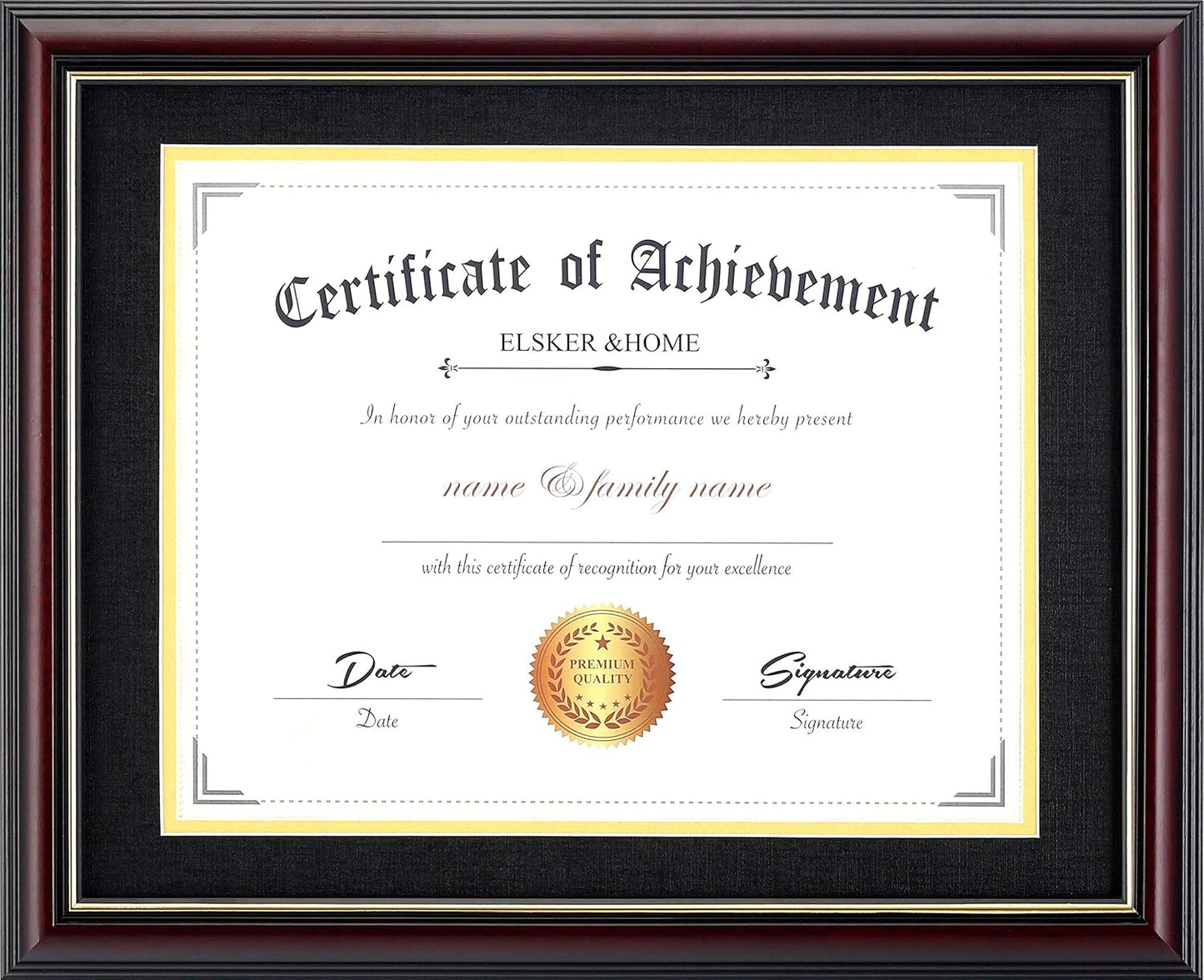 ELSKER&HOME Diploma Frame - Wide Solid Wood Frame - Black Velvet Golden Rim Mat - Semi-Tempered Glass - Includes Hanging Hardware and Desktop Easel(ONLY Display 11×14 Document/Certificate)