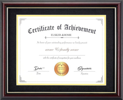 ELSKER&HOME Diploma Frame - Wide Solid Wood Frame - Black Velvet Golden Rim Mat - Semi-Tempered Glass - Includes Hanging Hardware and Desktop Easel(ONLY Display 11×14 Document/Certificate)