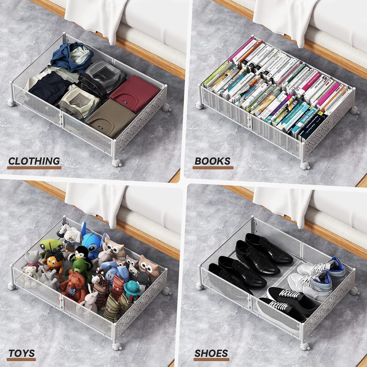 PHINOX Under Bed Storage Containers with Wheels, Under Bed Shoe Storage Organizer Drawer, Tool-free Assembly Metal Storage Containers for Bedroom Clothes Shoes Blankets -2PCK