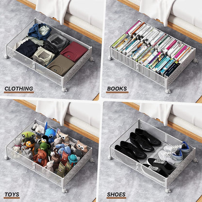 PHINOX Under Bed Storage Containers with Wheels, Under Bed Shoe Storage Organizer Drawer, Tool-free Assembly Metal Storage Containers for Bedroom Clothes Shoes Blankets -2PCK