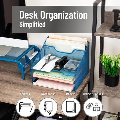 Mind Reader Metal Mesh Desktop File Organizer, 3-Tier Paper Tray with 5 Compartments, Office Mail Sorter, White