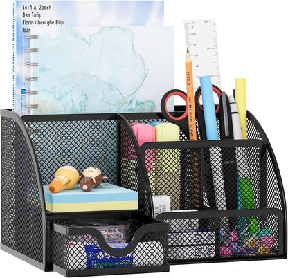 EasyPAG Mesh Desk Organizer with Drawer Multi-functional Pen Holder Stationery Organizer for Office School Supplies 6 Compartments Dorm Organizers and Storage for Desk, Black