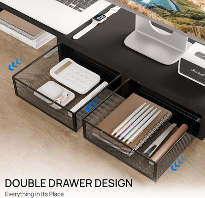 ZIFTY Dual Monitor Stand Riser for 3 Monitors, Desk Organizer with 2 Drawer and Smartphone Holder, Adjustable Length & Angle Workspace Organizers for Monitors Laptop Printer Computer, White