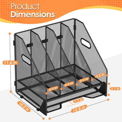 Desk File Folder Holder Organizer-5 Vertical Compartments Racks and Paper Letter Tray,Mesh Magazine File Holder Sorter,Desktop Accessories & Workspace Organizers for Home,Office,School-Black