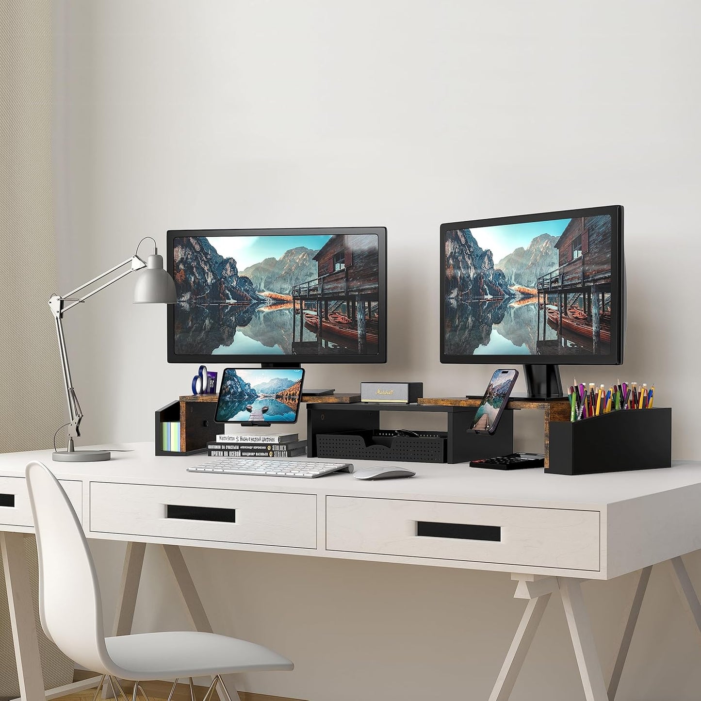 Simple Houseware Desk Dual Monitor Stand Riser with Drawer, Black