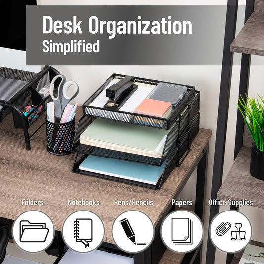 Mind Reader 2 Tier Paper Tray with Top Supply Compartment, Desktop File Organizer, Metal Mesh, Black