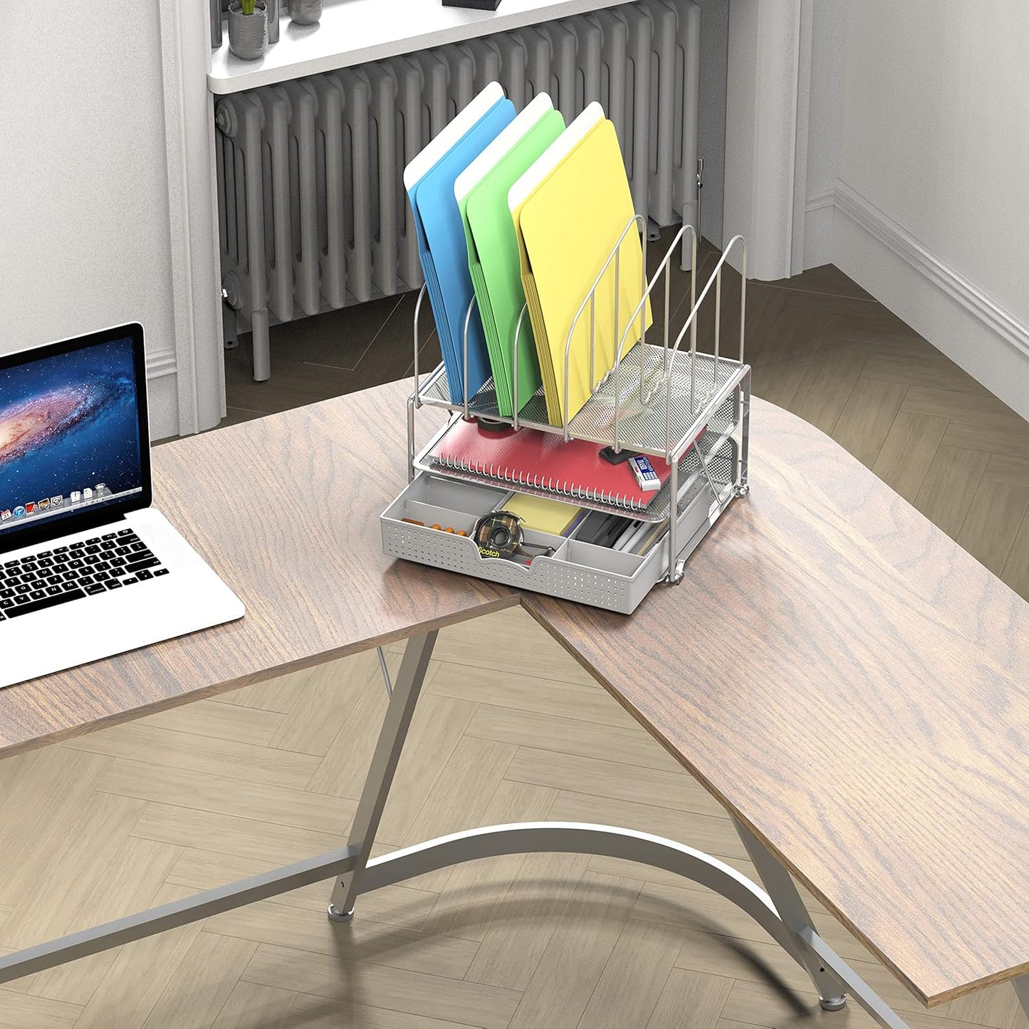 Deco Brothers Mesh Desk Organizer with Double Tray, 5 Upright Sections and Sliding Drawer, Black