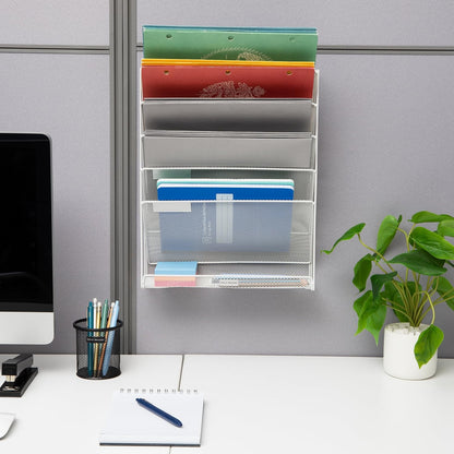 Mind Reader 5-Pocket Vertical File Storage, Desktop Organizer, Wall Mount, Office, Metal Mesh, Pink