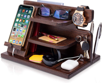 TESLYAR Wood Phone Docking Station for Men - Desktop or Nightstand Organizer - Birthday Gifts for Men, Dad - Anniversary Idea from Wife - Key Holder, Stand Wallet, Watch & Essentials (Granite Black)