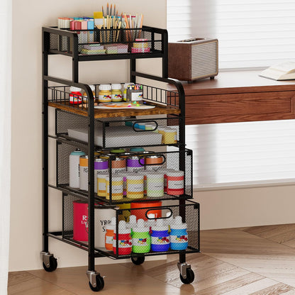 SWTYMIKI Rolling Cart with Drawers - Metal Utility Cart with Wood Shelf, DIY Divider and Locking Wheels, Craft & Art Cart Organizer for Under Desk Storage for Home Office Studio, Espresso