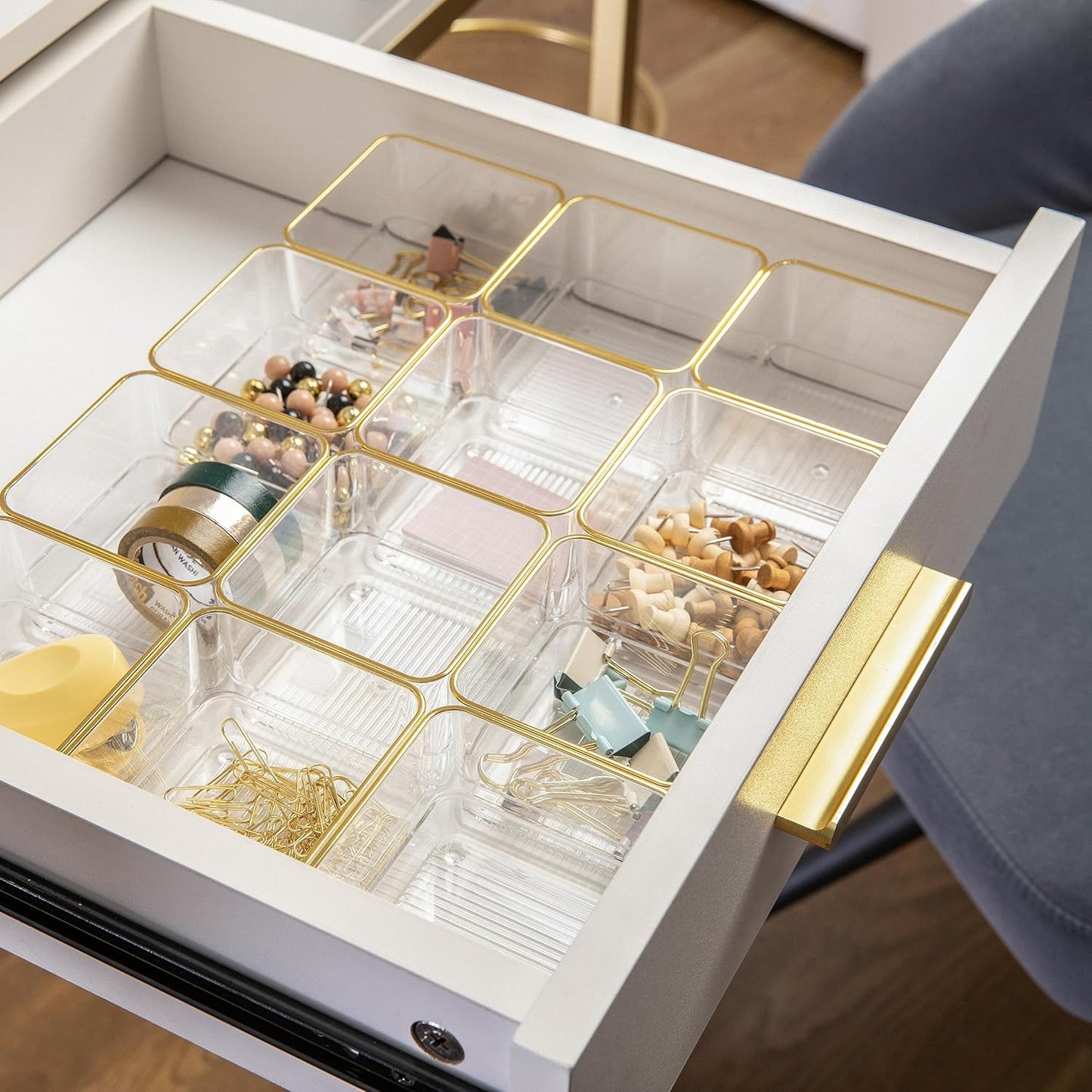 Martha Stewart Kerry Plastic Stackable Office Desk Drawer Organizers, 6" x 3", 6 Pack, with Gold Trim
