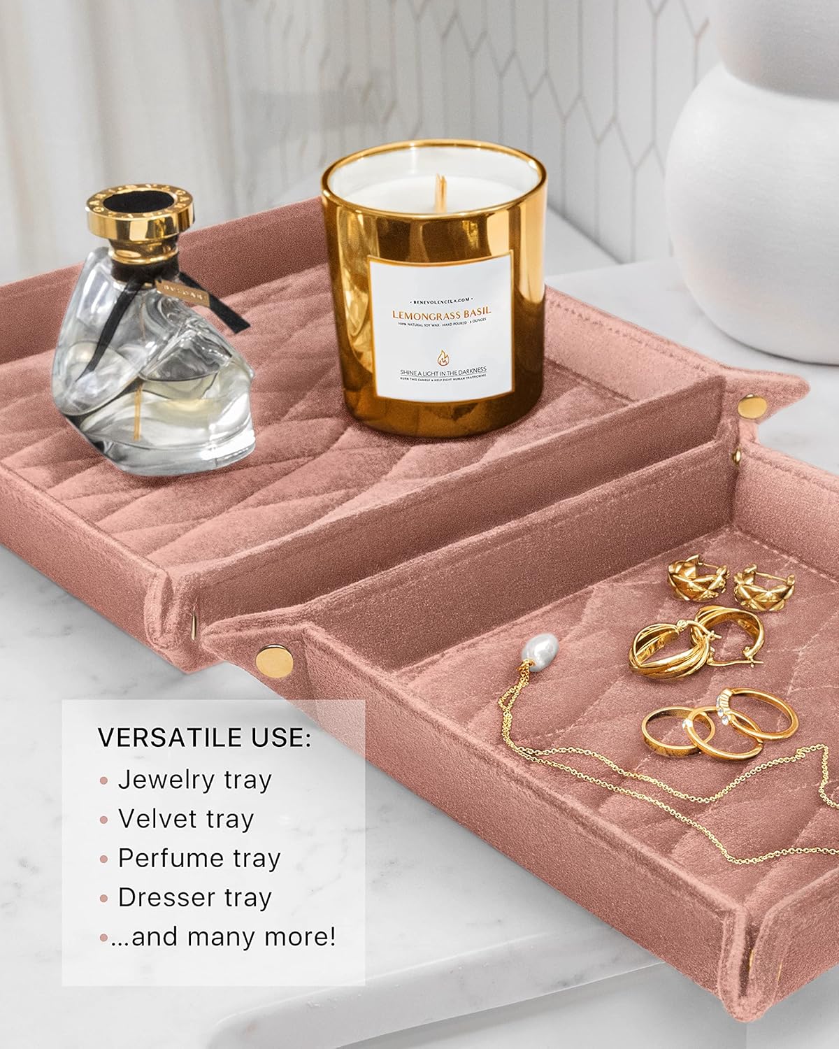 Benevolence LA Perfume & Jewelry Trays for Dresser, Set of 2 | Vanity Valet Organizer, Catch-All Tray for Makeup & Accessories | Decorative Desk & Dressing Table Organizer – Dusty Pink