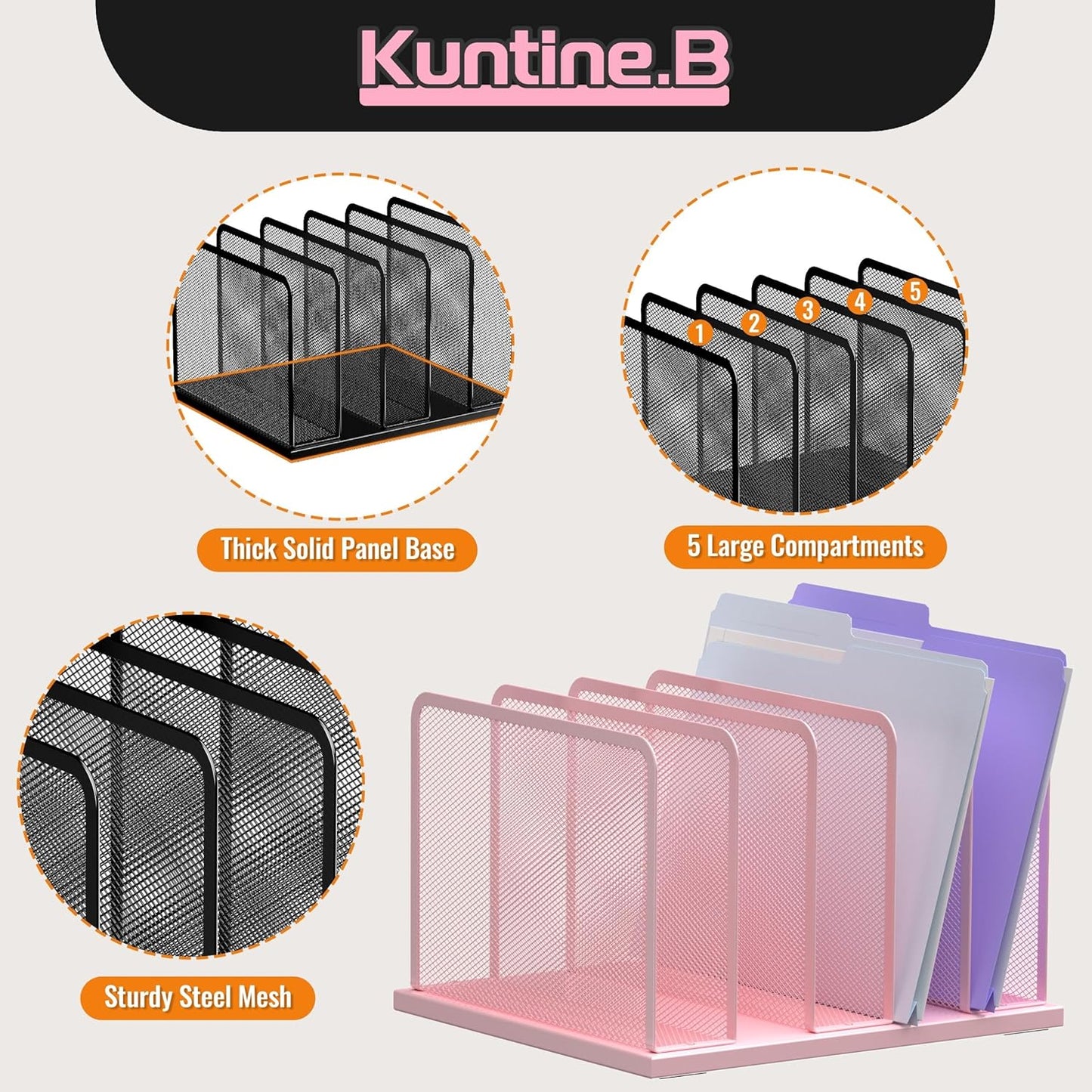 Kuntine.B Desk File Organizer 5 Sections Upright Mesh Desktop Organizer File Sorter Office Organization File Holder for Home, Office & Classroom