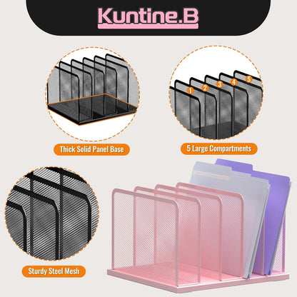 Kuntine.B Desk File Organizer 5 Sections Upright Mesh Desktop Organizer File Sorter Office Organization File Holder for Home, Office & Classroom