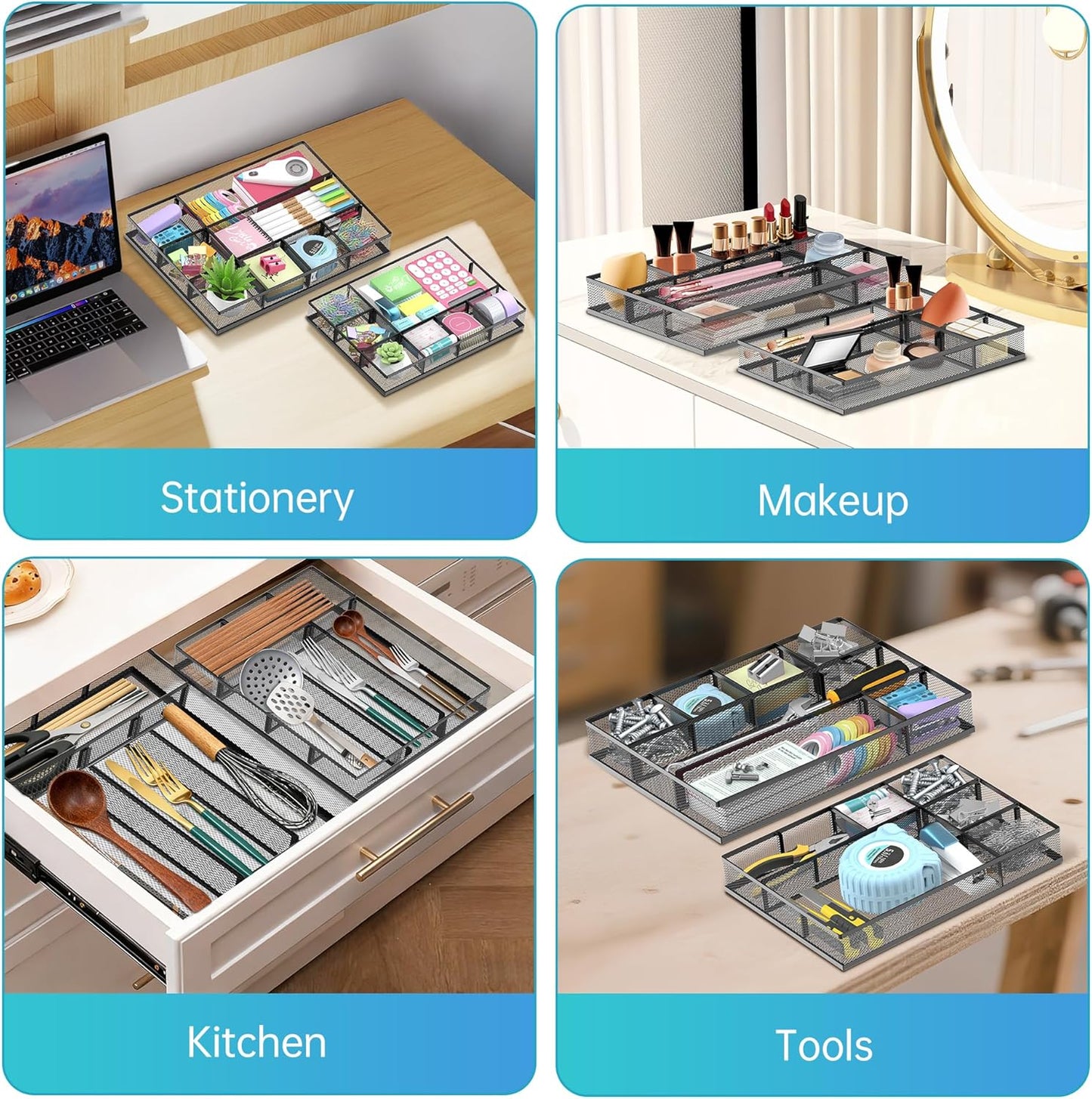 SUPEASY 2 Pack Mesh Drawer Organizer, Metal Desk Drawer Organizer Tray with 8 Adjustable Compartments, Desk Organizers and Accessories for Office Supplies, Kitchen, Makeup & Vanity (Black)
