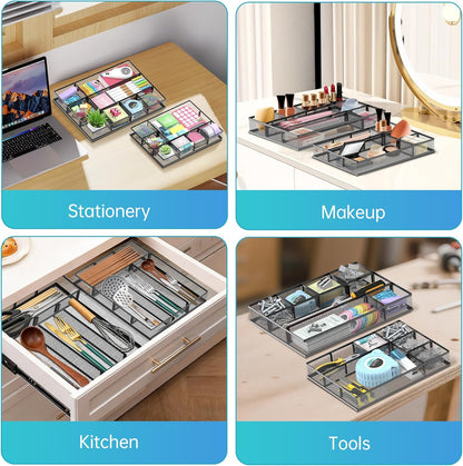 SUPEASY 2 Pack Mesh Drawer Organizer, Metal Desk Drawer Organizer Tray with 8 Adjustable Compartments, Desk Organizers and Accessories for Office Supplies, Kitchen, Makeup & Vanity (Black)