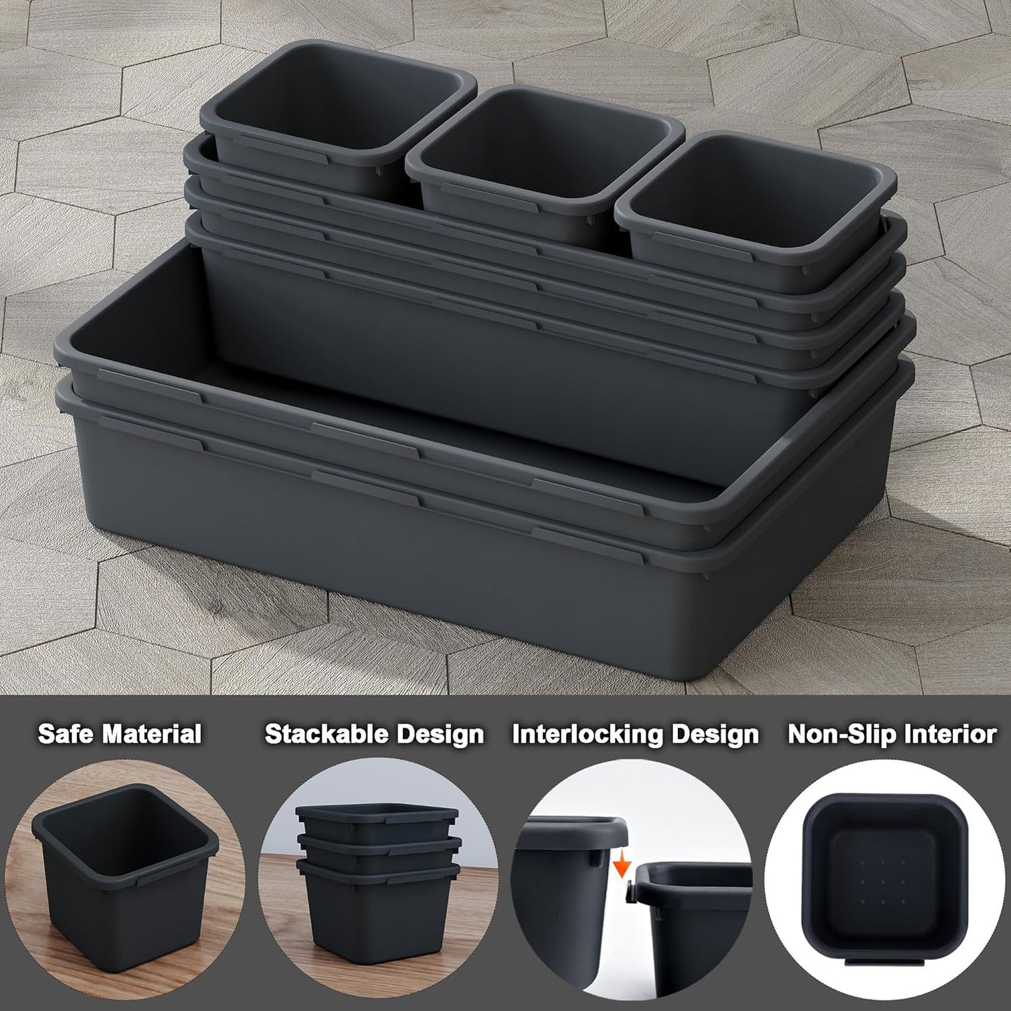 QUELIEN Desk Drawer Organizer Tray Set, 8PCS Plastic Drawer Organizer Bins for Office, Makeup, Kitchen - Gray Blue Desk Organizer with Flexible Interlocking Design for Efficient (Gray Blue, 8PCS)