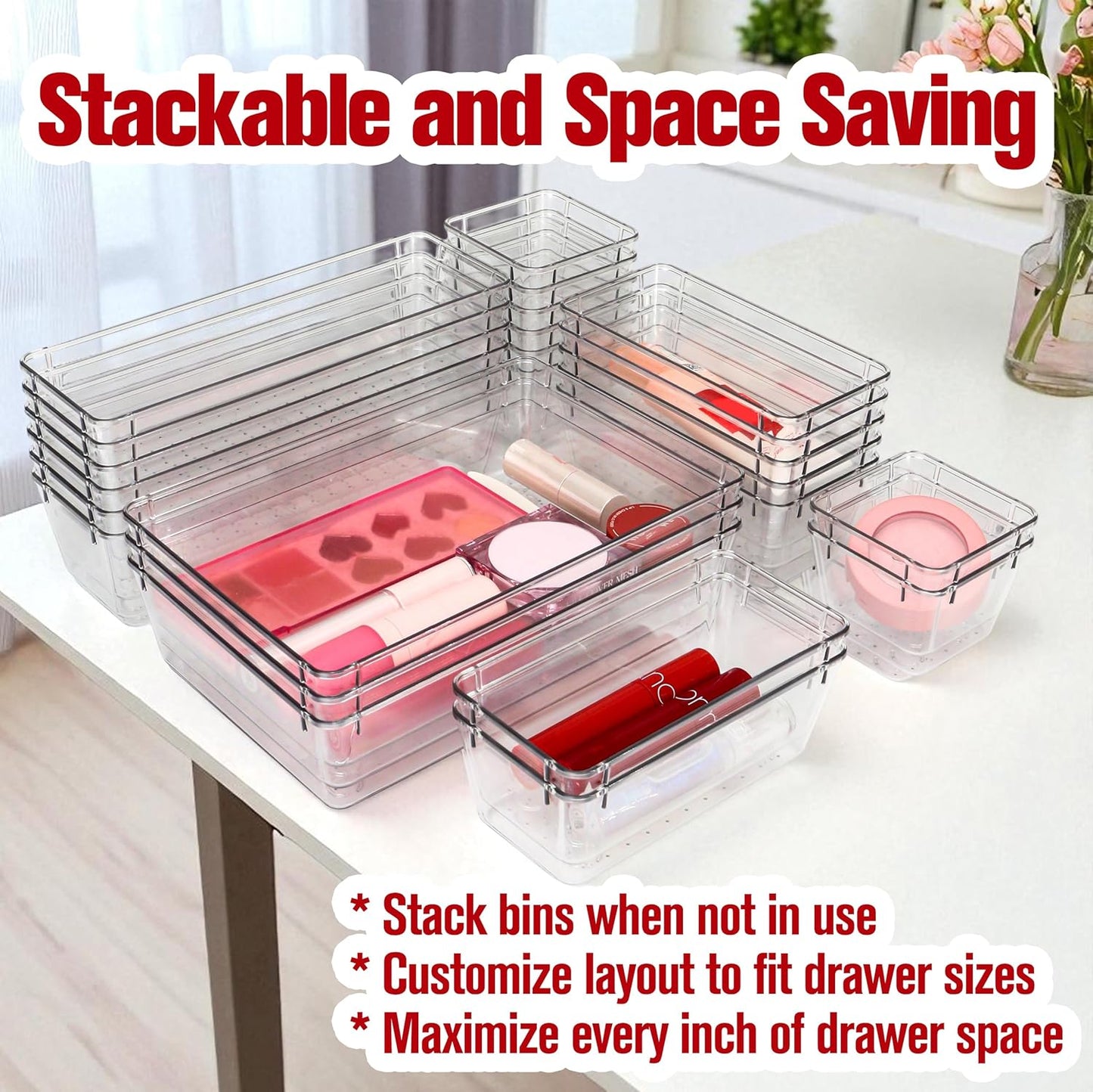 25 PCS Clear Plastic Drawer Organizers Set – Non-Slip Bin Set with Adhesive Dots, Versatile Acrylic Trays for Makeup, Jewelry, Vanity, Kitchen Gadget or Office Desk, Bathroom Stable Storage Container
