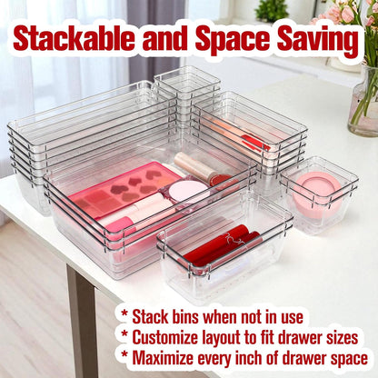 25 PCS Clear Plastic Drawer Organizers Set – Non-Slip Bin Set with Adhesive Dots, Versatile Acrylic Trays for Makeup, Jewelry, Vanity, Kitchen Gadget or Office Desk, Bathroom Stable Storage Container