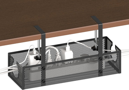 Under Desk Cable Management Tray - Fits up to 1.77" Thick Desks, No-Drill Clamp-on Wire Organizer, Reversible Inward/Outward Install, Heavy Duty Metal Power Strip Holder for Home Office & Gaming Desk