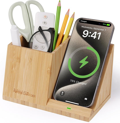 Bamboo Pen Holder for Desk & Nightstand Organizer with Fast Wireless Charging for iPhone, Samsung & More – Office Desk Accessories for Men/Women (Natural)