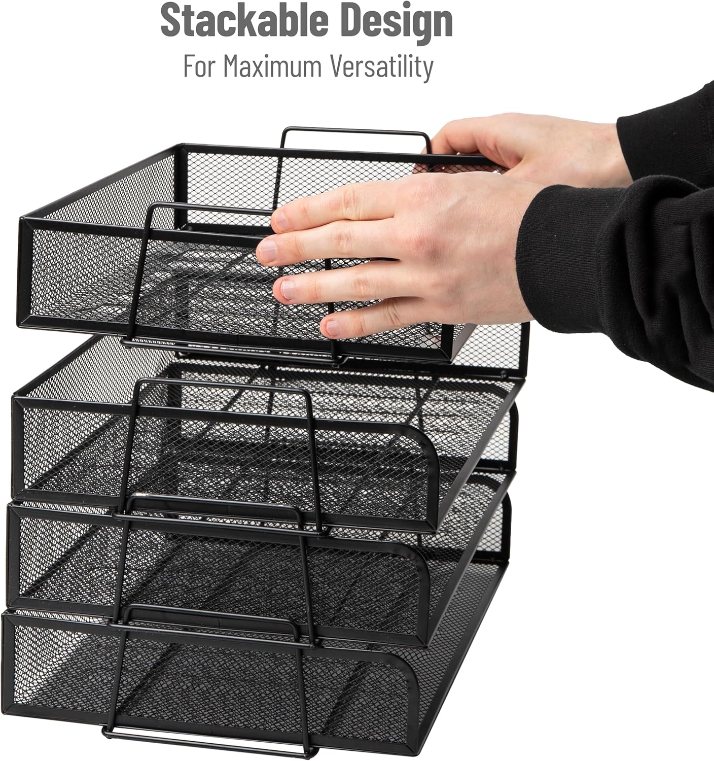 Mind Reader Stackable Paper Tray, Desktop Organizer, File Storage, Office, Metal Mesh, 4 Pcs., Black