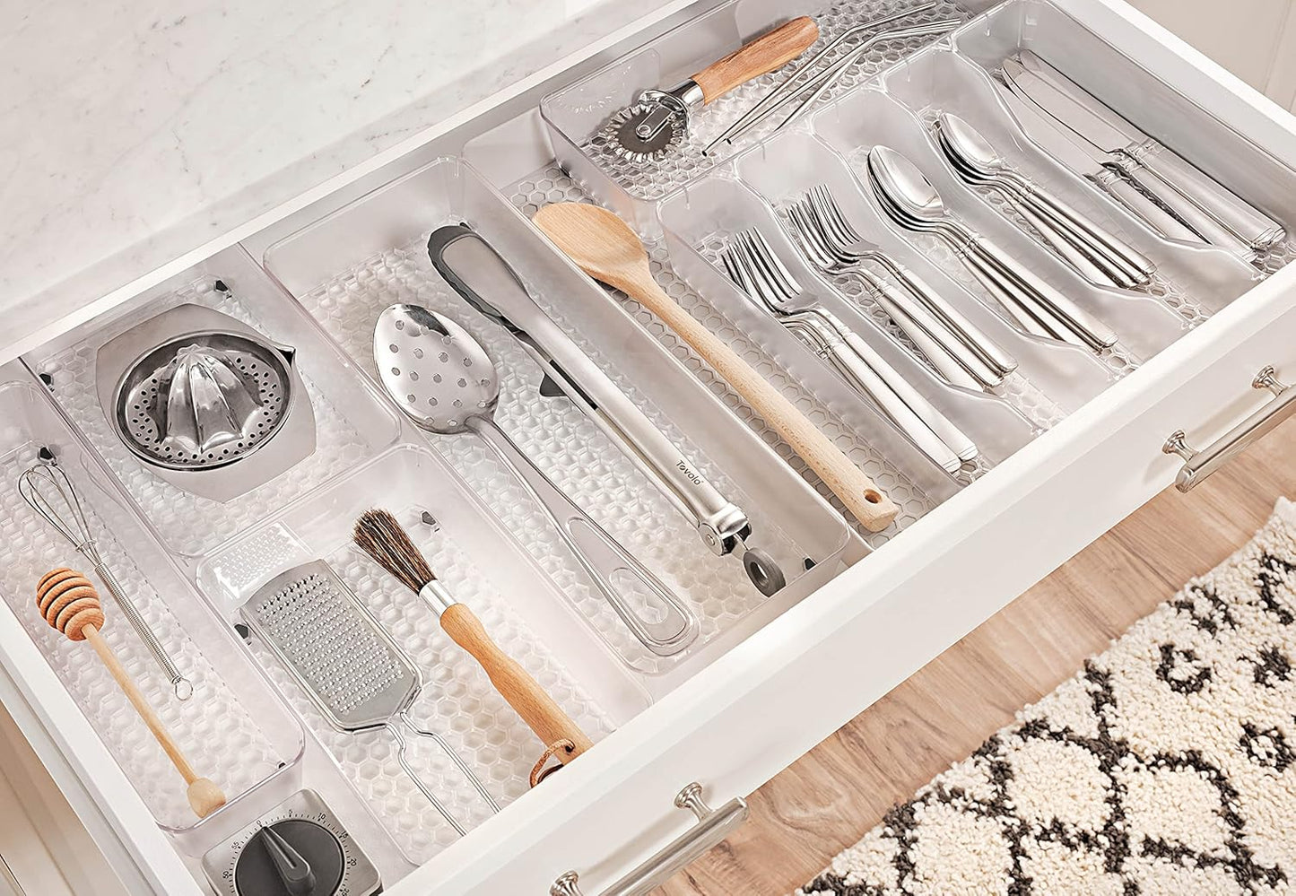 Spectrum Hexa 6 x 12 Drawer Organizer for Kitchen Utensils with Innovative Honeycomb Base Design, Silverware Tray for Cutlery and Flatware Storage, Bathroom Vanity or Desk Solution, Clear Frost