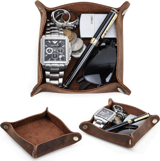 Top Grain Leather Desk Valet Tray Organizer for Man & Woman, Handmade Vintage Design, Foldable Design with Snap Buttons, Office Capacity Organizer Storage for Wallets/Watches/Keys/Coins, Coffee, Small