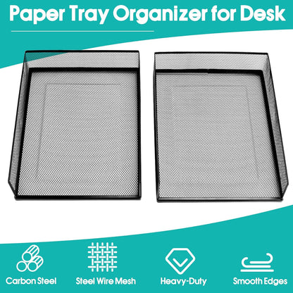 Wire Mesh Letter Trays Paper Tray Desk File Organizer, 2 Pack Stackable Metal Front-Load Documents Tray for Office Supplies File (Lengthways)