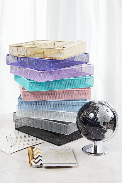 Annova Desk Drawer Organizer Tray for Office Organization - Metal Mesh - Storage Tray with Dividers for Pens, Desktop Accessories, Bathroom, Kitchen, Makeup and Office Supplies (Small, Gold)