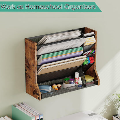 Jakyitvi File Organizer Wall Mounted, 4 Tiers Durable Adjustable Metal Desk Organizer, Desktop Hanging File Holder with 4 Pen Slots Stable, 4 Pull-Out Divider for File, Mail, Black, Patent Pending