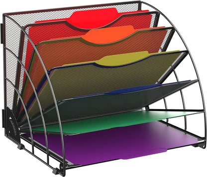 SUPEASY Fan Shaped Desk File Organizer, 6 Compartments for Filing Paper Bills, Letters, Desk Accessories for Workspace, School, Office, Waiting Room, Classroom Storage, Black