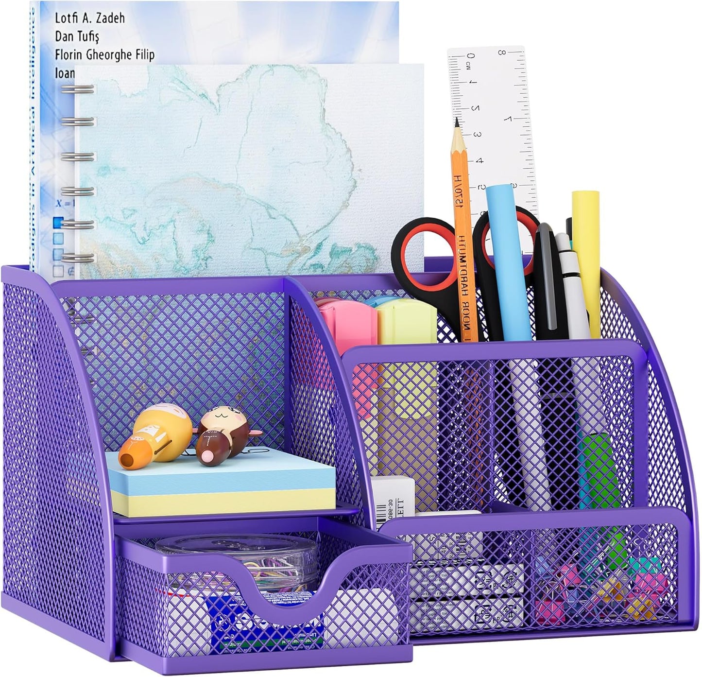 EasyPAG Mesh Desk Organizer with Drawer Multi-functional Pen Holder Stationery Organizer for Office School Supplies 6 Compartments Dorm Organizers and Storage for Desk, Black