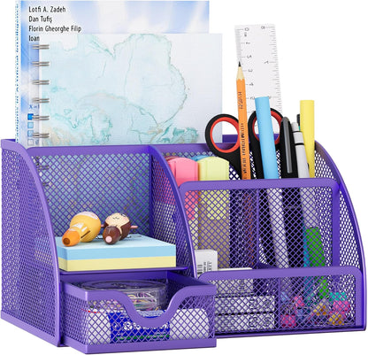EasyPAG Mesh Desk Organizer with Drawer Multi-functional Pen Holder Stationery Organizer for Office School Supplies 6 Compartments Dorm Organizers and Storage for Desk, Black