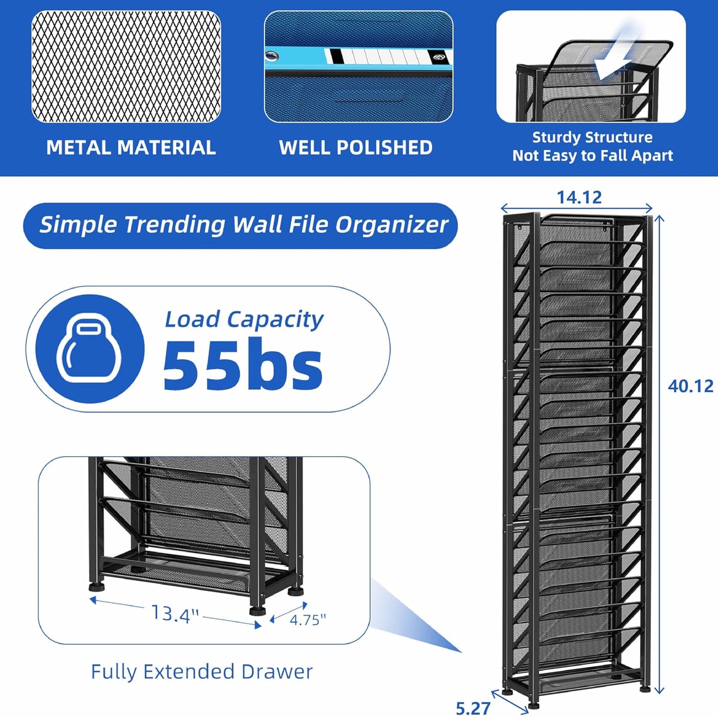 Simple Trending Wall File Organizer, Mesh 7-Tier Vertical Hanging File Holder, Desktop Metal Files Rack for Office and Home, Black